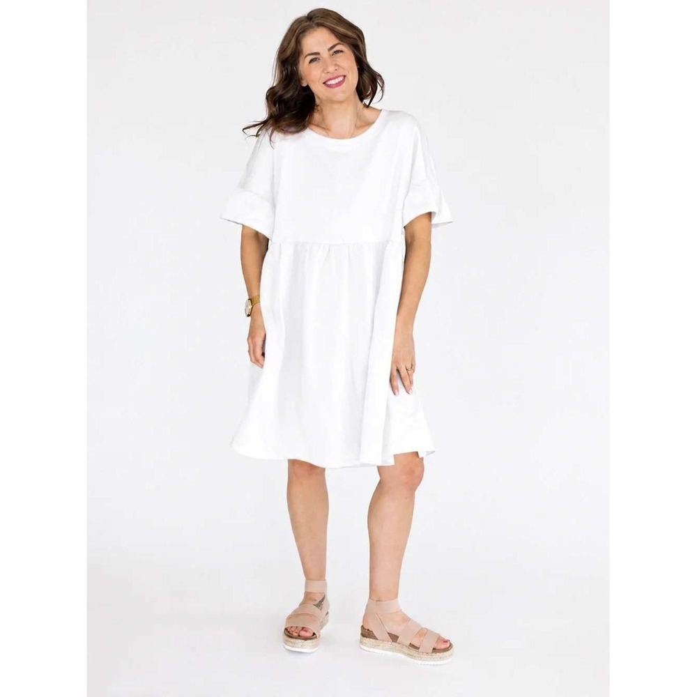 Jillian Harris Jardines Domaine White Cotton Ruffle Sleeve Babydoll Tunic Top S